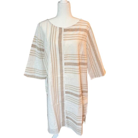 Soft Surroundings Calypso Breeze Dress XL Linen Blend Beige Tan Plaid Tunic - Picture 2 of 9